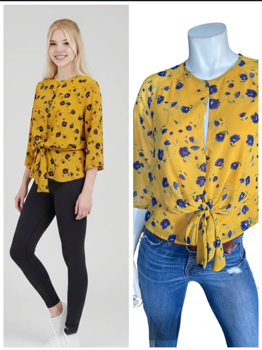 Halston Heritage Mustard Floral Tie-Front Blouse